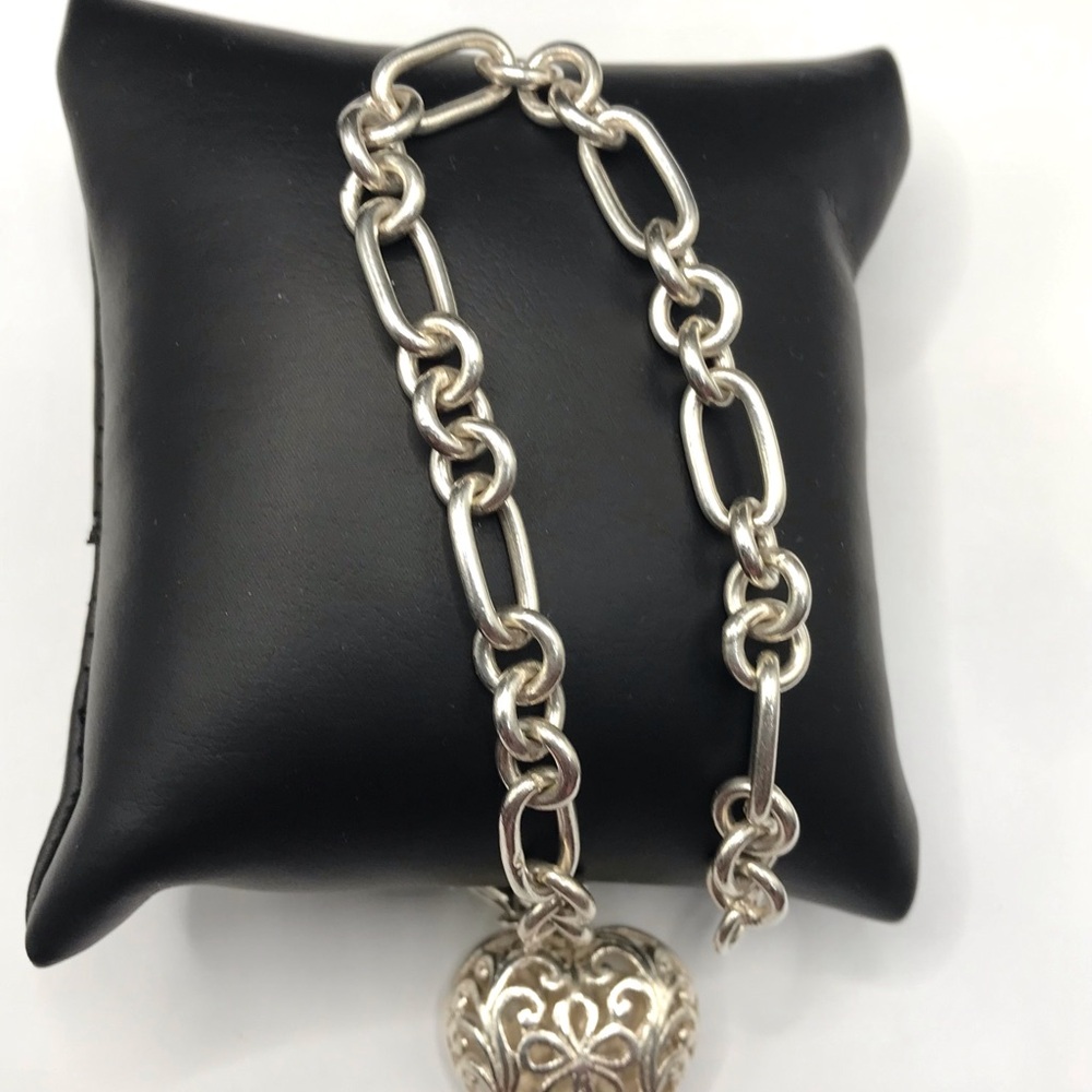 925 Sterling Silver 3D Filigree Heart charm link Chain Bracelet size 8”
